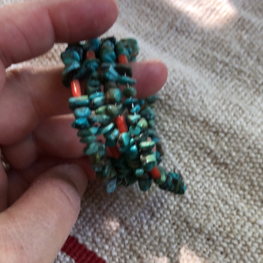 Wire wrap bracelet- Turquoise and Coral nuggets